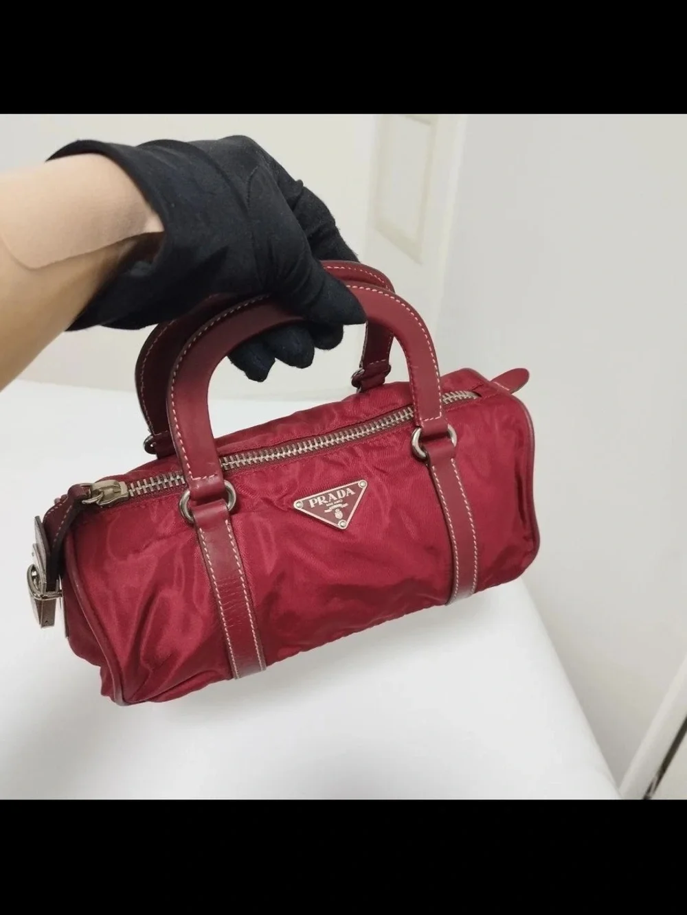 Prada Red Nylon Barrel Satchel with Leather Trim